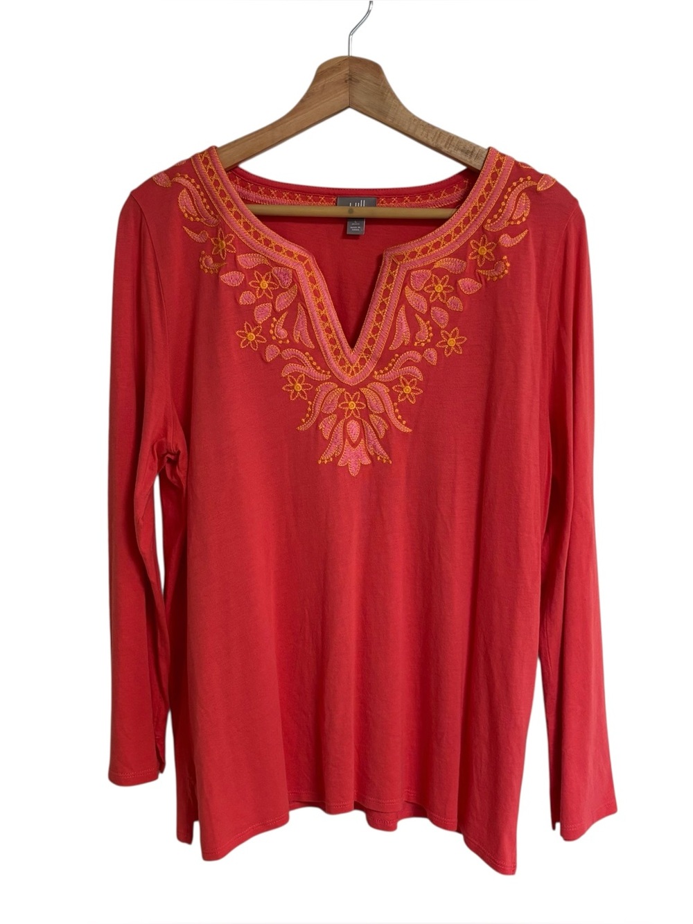 J.Jill pink coral bright boho embroidered stitch long sleeve V neck Top size LP